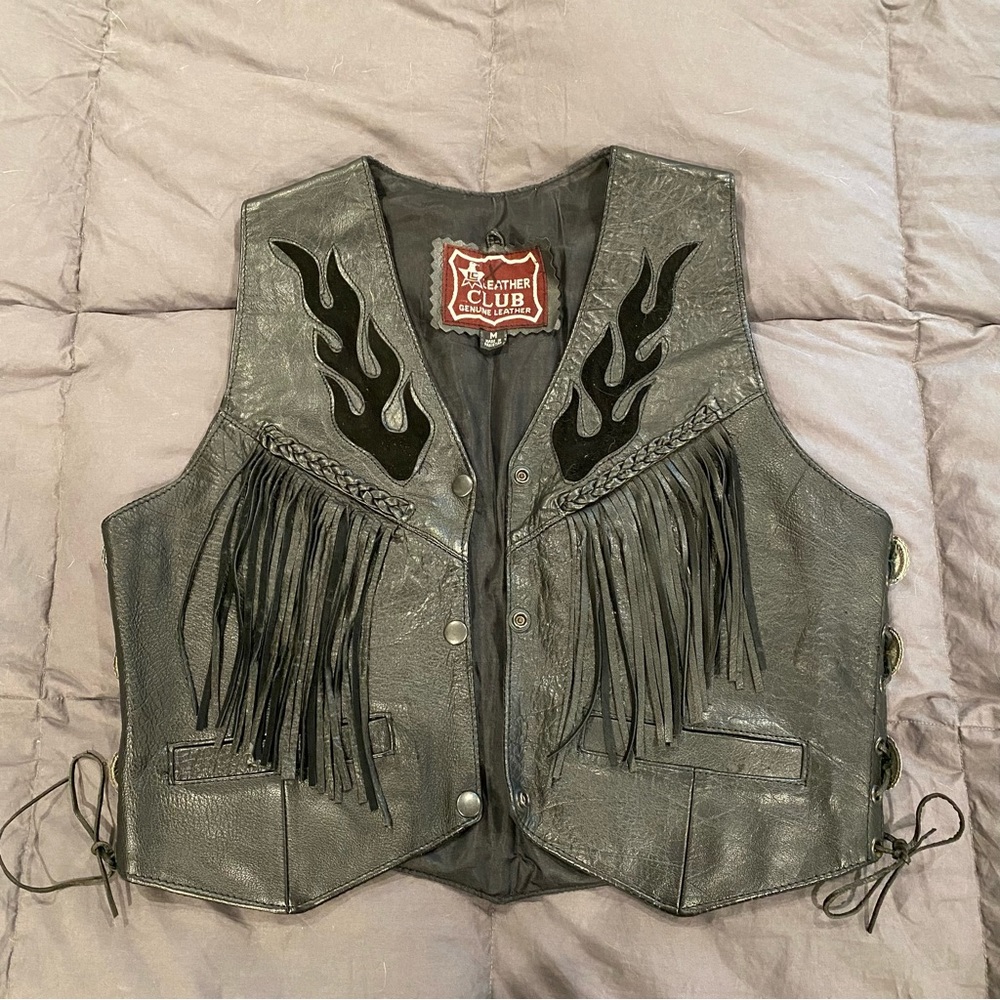 Vintage black flame leather fringe vest